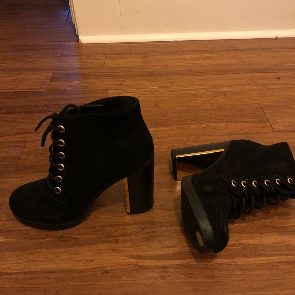 Faux suede gold heeled booties